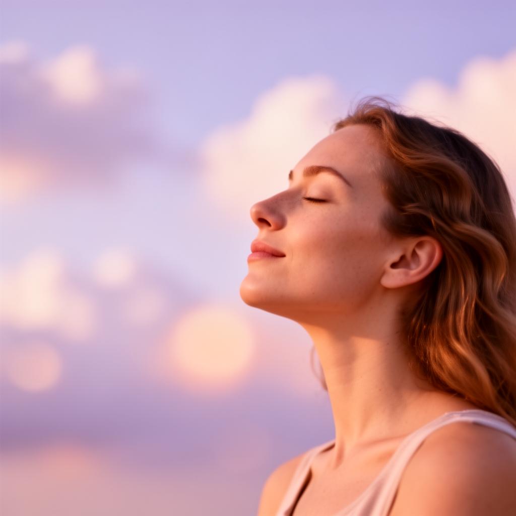 Person breathing peacefully at sunset